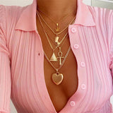 Vintage Women Gold Necklace Heart Cross Pyramid Ancient Egyptian Pharaoh Ankh Pendant Necklace Multilayer Chain Choker Jewelry