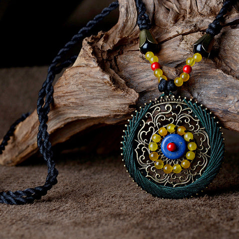Vintage Ethnic Maxi Blue Stone Yellow Carnelian Pendant Necklace